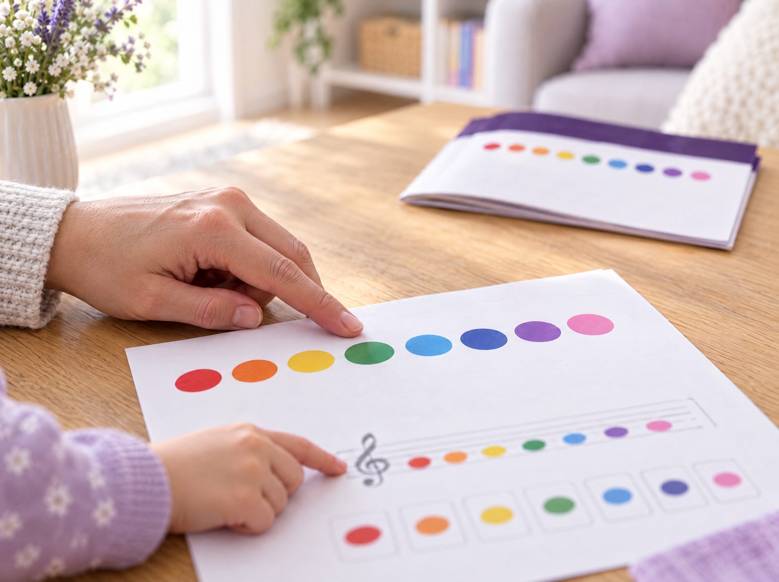 A grown-up's finger and a child's hand pointing along the colored dots of a printed song page