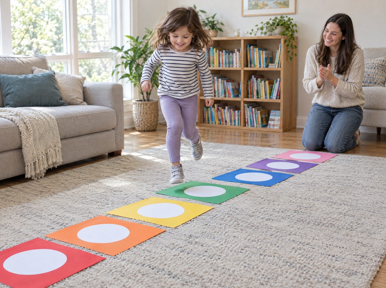 A child hopping along rainbow paper floor mats