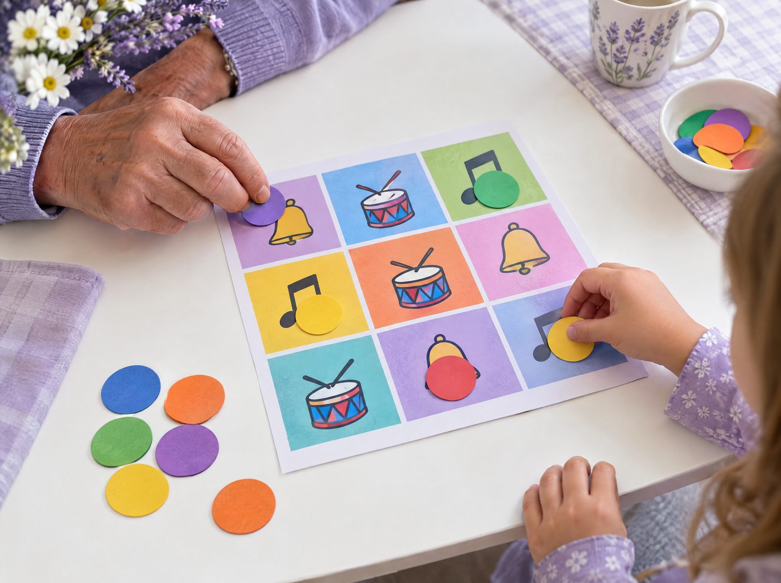 A paper bingo game with large paper tokens