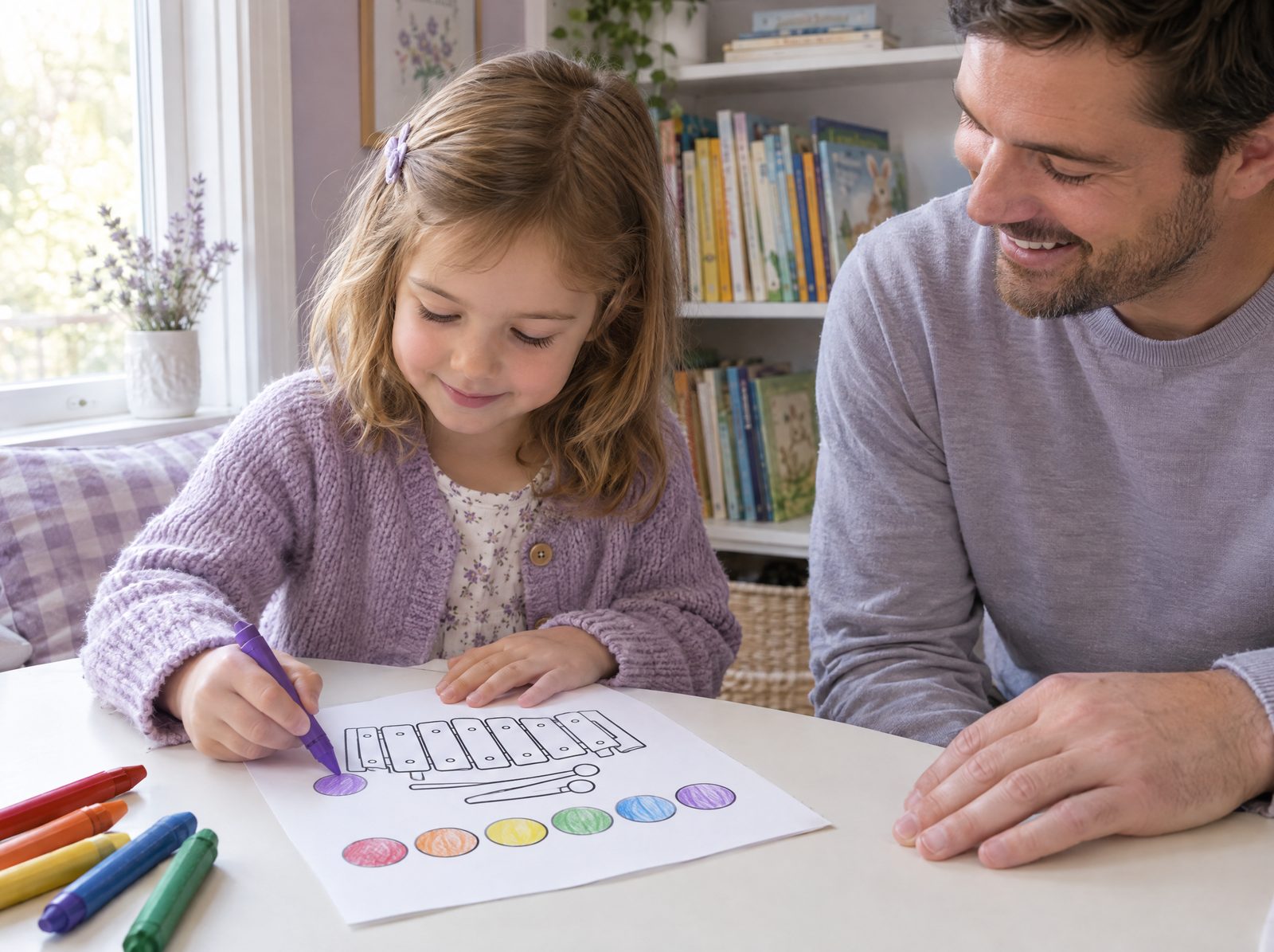 A child coloring a printed activity page with crayons