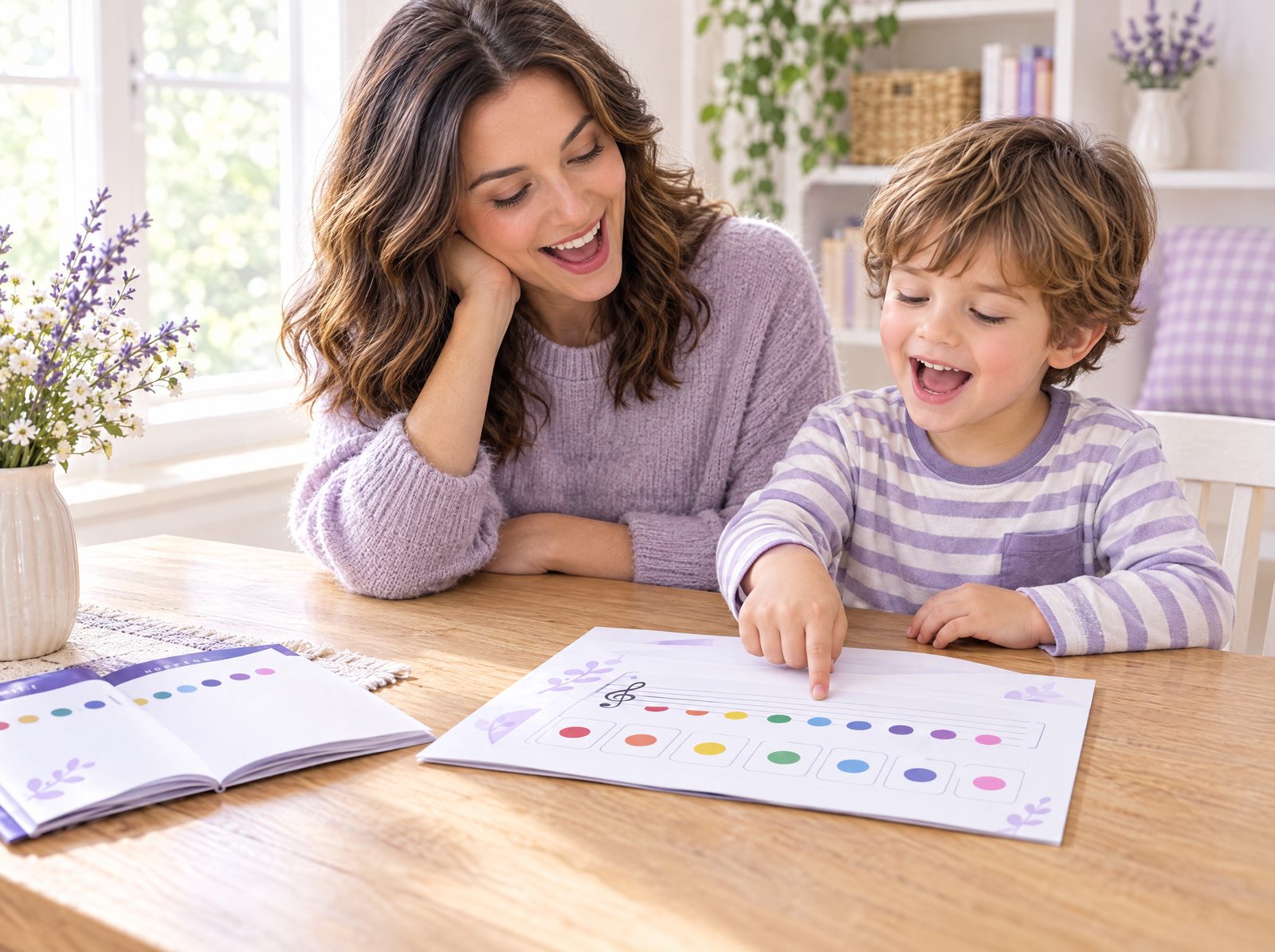 A grown-up and a child at a kitchen table singing from a printed song page