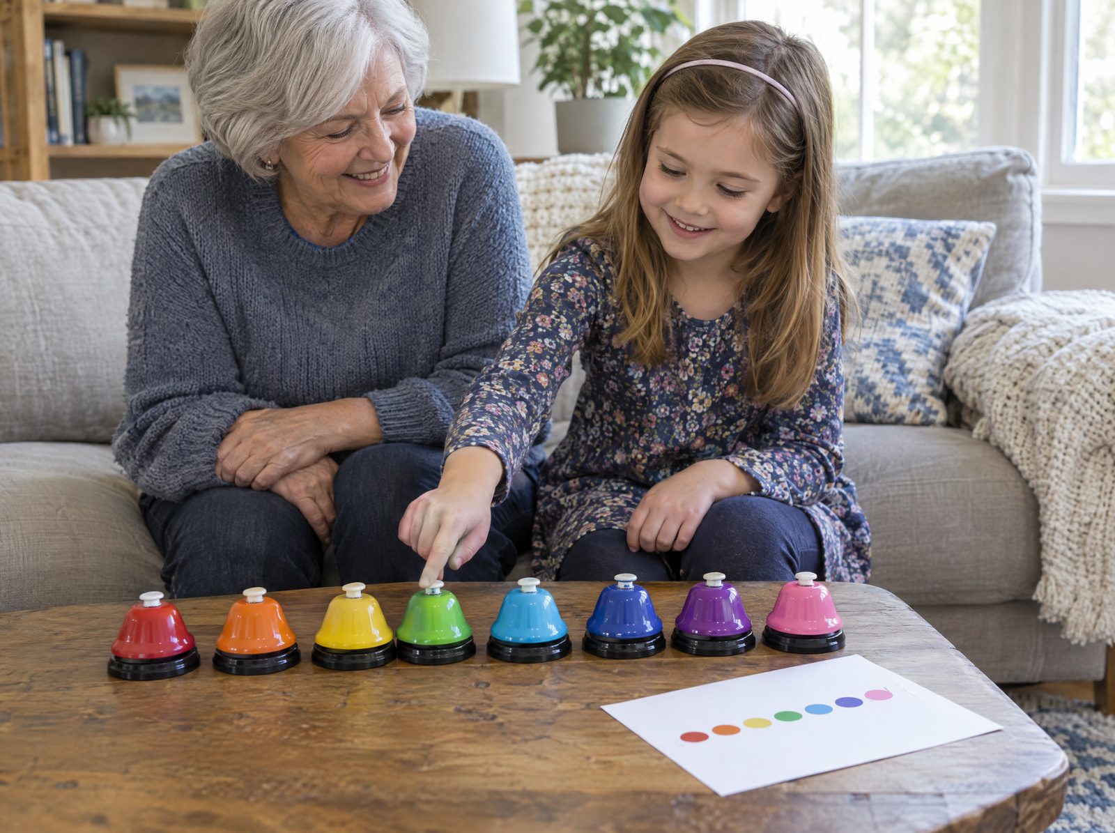 A grandmother and a girl tapping colored desk bells at a table