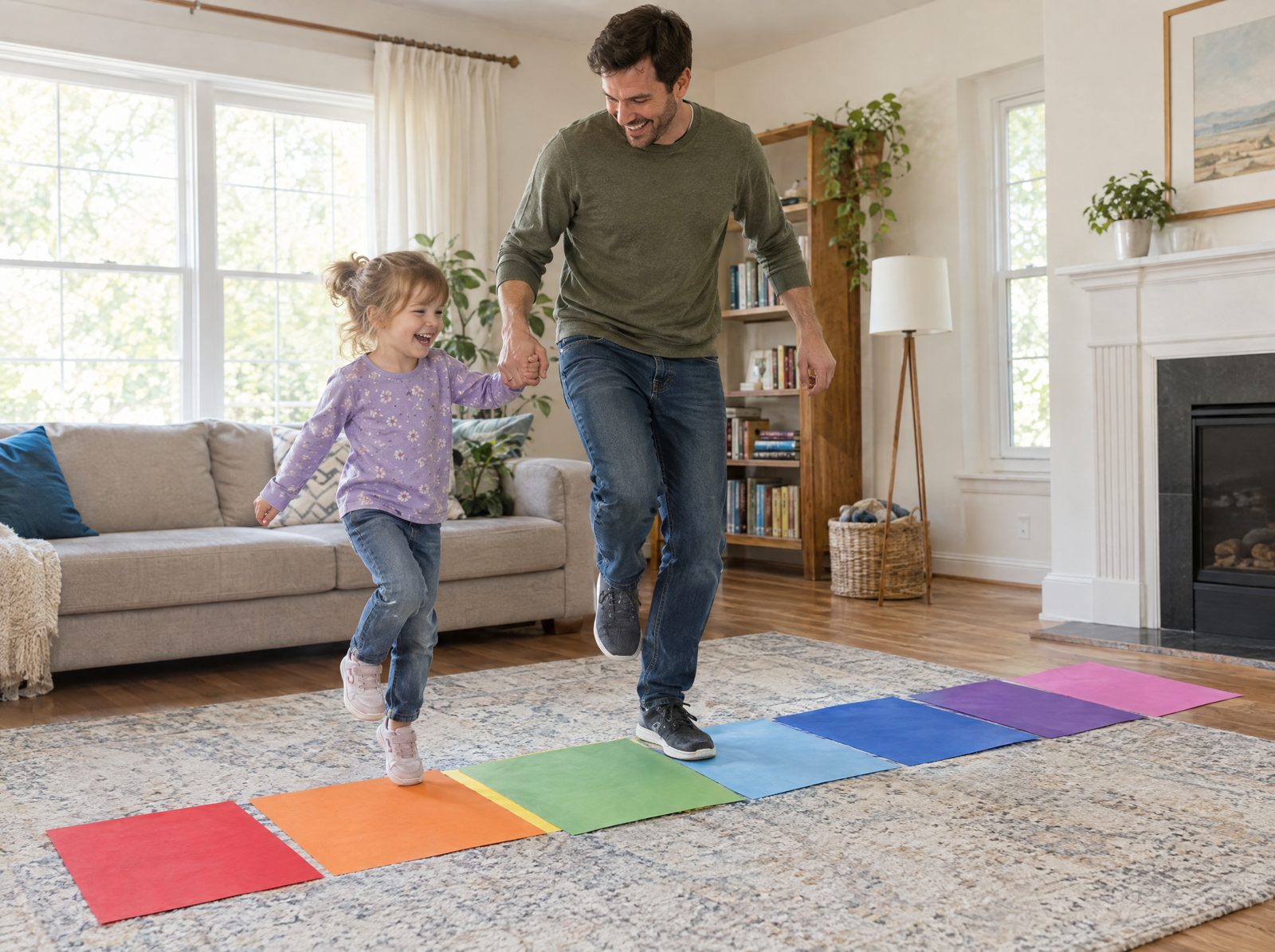 A father and daughter hopping on rainbow floor mats